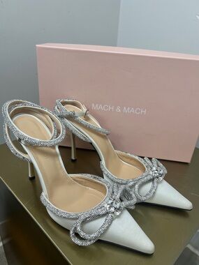 MACH & MACH Silver Crystal-Bow Pointed Stiletto Heels